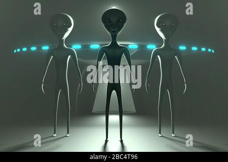 Aliens/Außerirdische und Raumschiff - 3D-Rendering Stockfoto