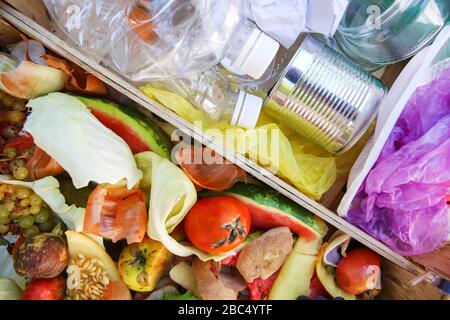 Verschiedene Papierkorb. Müll sortieren: Eisen, Papier, Kunststoff, Hausmüll für Kompost von Obst und Gemüse. Stockfoto