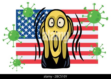 Die schreienden Leute überstehen Coronavirus COVID-19-Illustration mit amerikanischem Flaggenhintergrund. Vektorgrafiken Stock Vektor