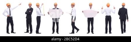 Panorama Foto Collage von qualifizierten Architekten isoliert auf weißem Stockfoto