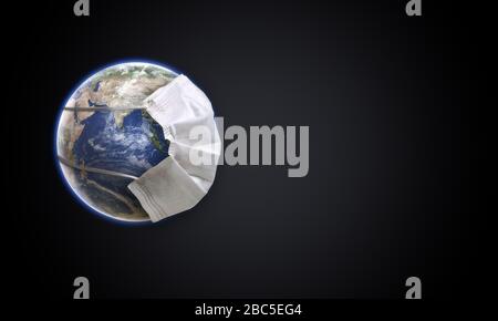 Planet Erde mit Gesichtsmaske schützen. Medizinisches Weltkonzept. Erde mit Gesichtsmaske schützt den Globus. 3D Render Earth Wearing Mask isoliert mit Clippin Stockfoto