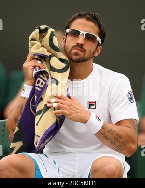 Serbiens Janko Tipsarevic in Aktion mit US-Amerikaner Ryan Sweeting Stockfoto