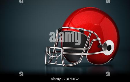 Roter Fußballhelm isoliert auf schwarzem Hintergrund. 3D-Abbildung. Stockfoto