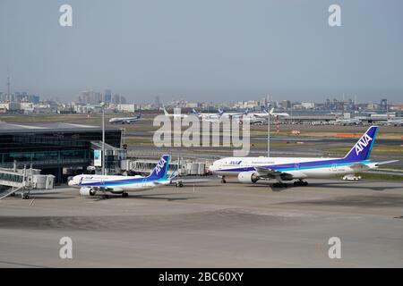 Tokio, Japan. April 2020. Alle Maschinen von Nippon Airways (ANA) werden auf dem Asphalt auf dem internationalen Flughafen von Tokio mit dem Taxi beflogen. Die Zahl der Reiseverbote weltweit aufgrund der anhaltenden COVID-19-Pandemie hat der Flugzeugindustrie Einhalt geboten. ANA will rund 6.400 Crewmitglieder wütend machen, da die Fluggesellschaft rund 80 Prozent ihrer internationalen Flüge eingebüscht hat. Credit: AFLO/Alamy Live News Stockfoto