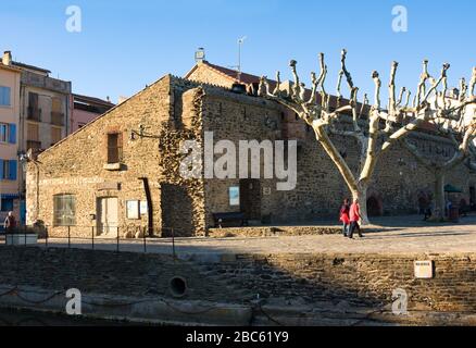 Collioure, Frankreich - 24. Februar 2020: Touristen, die im Dorf Collioure spazieren gehen. Roussillon, Küste Vermilion, Pyrenäen Orientales, warmer Winterabend. Stockfoto