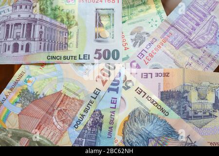 Rumänischer neuer Leu alle vorhandenen Banknoten Stockfoto