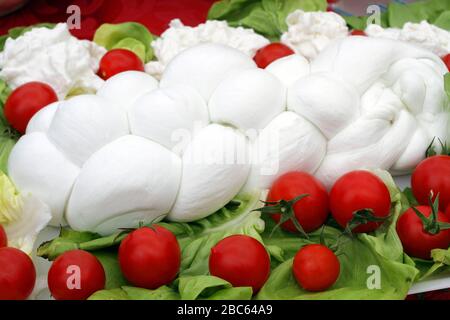 Geflecht aus Büffelmozzarella typisches Milchprodukt aus Kampanien - Italien, mit Zusammensetzung aus Kirschtomaten und Salatblättern Stockfoto