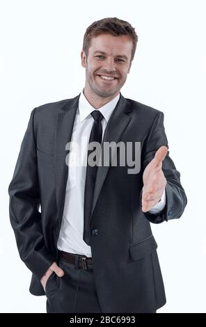 Gut aussehender Geschäftsmann hält seine Hand für einen Händedruck. Stockfoto