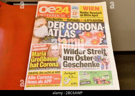 Wien, Österreich. April 2020. Bereits die dritte Woche der Ausreisebeschränkungen in Österreich. Österreichische Tageszeitung mit Corona-Überschrift. Kredit: Franz Perc/Alamy Live News Stockfoto