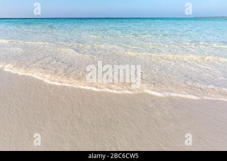 Weiche, wunderschöne Meereswelle am Sandstrand, ruhige Küste Stockfoto