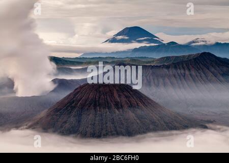 Ein erhöhter Blick auf den Berg Bromo, den Berg Batok und den Bromo-Tengger-Semeru-Nationalpark, Java, Indonesien. Stockfoto