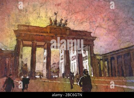 Aquarellgemälde des Brandenburger Tors bei Sonnenuntergang in der Stadt Berlin- Deutschland, Europa Stockfoto