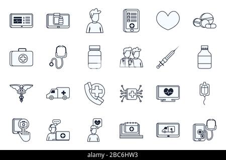 Linienart Symbol Set Design der medizinischen Online-Nothilfe Klinik und Patiententhema Vektor-Illustration Stock Vektor