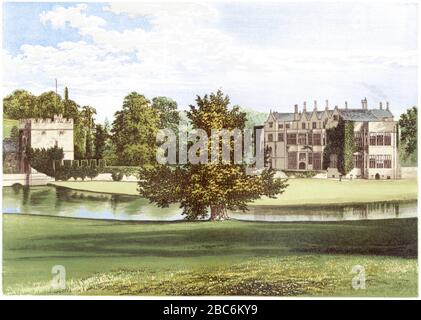 Farbige Illustration von Broughton Castle bei Banbury, Oxfordshire gescannte mit hoher Auflösung aus einem Buch, das 1870 gedruckt wurde. Ich glaube, dass das Urheberrecht frei ist. Stockfoto