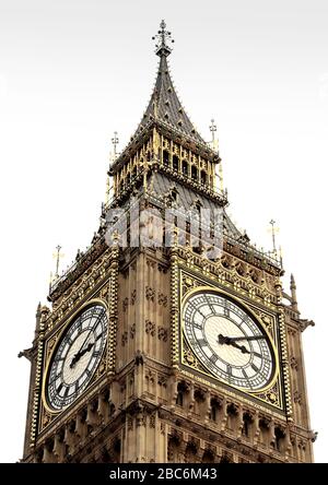 Nahaufnahme von zwei Uhrflächen des St Stephens Tower oder Elizabeth Tower, die im Allgemeinen als Big Ben Teil der Parlamentsgebäude in Westminster bekannt sind Stockfoto