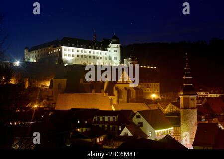 Stollberg, Harz in Deutschland mit Blick auf Burg und Altstadt bei Nacht Stockfoto