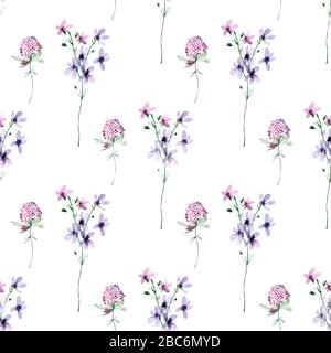 Aquarell nahtloses Muster mit Kamillenblume und Wildblume. Sommerhintergrund, Illustration, Liebhaber und wilde Flieder Stockfoto