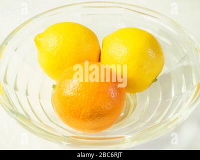 Eine orangefarbene und zwei Zitronen in einer gläsernen Fruchtschale Stockfoto