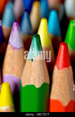 Nahaufnahme der farbigen Spitzen einer Reihe von Farbstiften mit geringer Schärfentiefe. Stockfoto