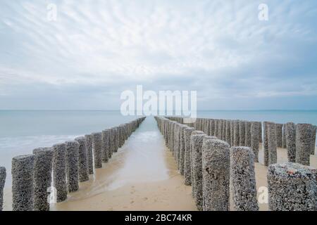 Groynes (Buhnen) - Stangen, die Stück für Stück ins Meer laufen, um den Strand zu schützen. Blick auf den trüb blauen Himmel am Horizont. niederlande in Stockfoto