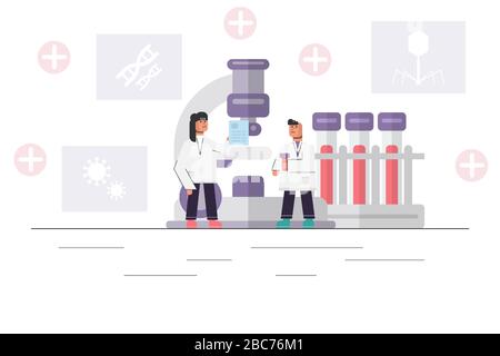 Zwei medizinische Wissenschaftler, die mit einem großen Mikroskop arbeiten, Blutgefäße auf dem Rack und ein Bild von DNA, Virus. Stock Vektor