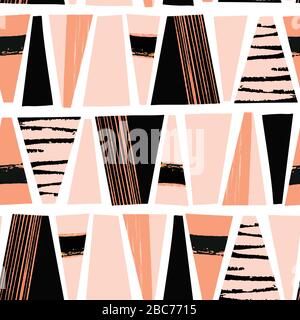 Nahtlose Vektormuster strukturierte abstrakte Formen. Schwarz und hellrosa Trapezoide wiederholen den Hintergrund. Moderne Kunst, Tribal-Stil, Formen in horizontaler Richtung Stock Vektor