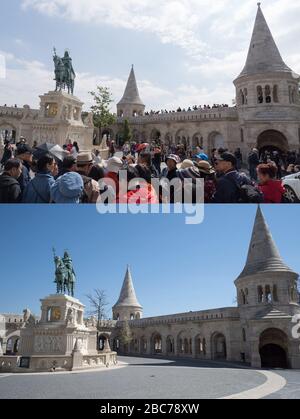 Budapest, 17. März. April 2020. Combo-Foto zeigt Touristen, die die Fischerbastion in Budapest, Ungarn, 17. März 2019 (oben) und die leere Straße desselben Ortes während der COVID-19-Pandemie am 2. April 2020 besuchen. Kredit: Attila Volgyi/Xinhua/Alamy Live News Stockfoto