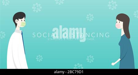Soziale Distanzierung: Zwei Menschen halten sich voneinander entfernt, um den physischen Raum zwischen den Menschen zu vergrößern, um eine krankheitliche Ausbreitung während der Trans zu vermeiden Stock Vektor