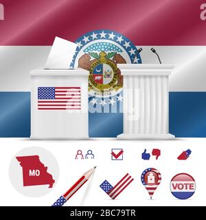 Präsidentschaftswahlen in Missouri. Vektor schwenkt Flagge, realistische Wahlurne, Podium des öffentlichen Sprechers, Silhouettenkarte und Wahlsymbol Set. Stock Vektor