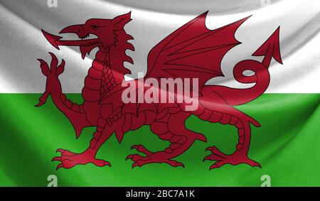 Realistische Flagge von Wales an den gewellten Oberfläche des Gewebes Stockfoto