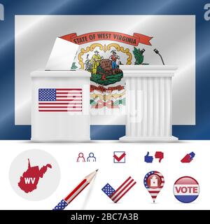 Präsidentschaftswahlen in West Virginia. Vektor schwenkt Flagge, realistische Wahlurne, Podium des öffentlichen Sprechers, Silhouettenkarte und Wahlsymbol Set. Stock Vektor