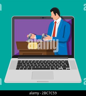 Laptop mit Live-Video für Pressekonferenz. Rostrum, Tribüne, öffentlicher Sprecher oder Geschäftsmann, Webkamera, Videoanruf, Online-Schulung, Online-Arbeit. Übertragung, Live-Stream. Flache Vektorgrafiken Stock Vektor