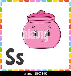 Englisches Alphabet. Buchstabe S - Zuckerschüssel. ABC Quadrate Flash-Karten. Cartoon-Charakter isoliert auf weißem Hintergrund. Für die Kindererziehung. Entwickeln von Worksh Stock Vektor