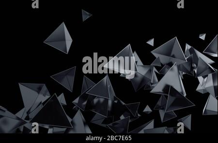 Abstraktes 3d-Rendering chaotischer Low-Poly-Formen. Fliegende polygonale Pyramiden im leeren Raum. Futuristischer Hintergrund. Posterdesign. Stockfoto