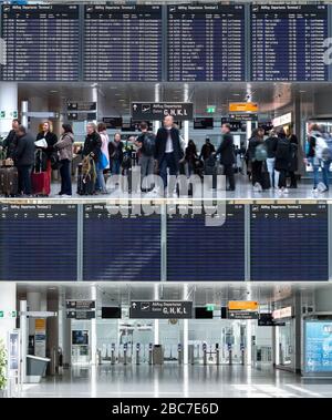 München, Deutschland. April 2020. Während die Anzeigetafel im Terminal 2 am Flughafen München am 12.04.2019, dem Beginn der Osterferien 2019, lautere Flüge (TOP) zeigt, listet die Anzeige am 03.04.2020, dem Beginn der Osterferien 2020, aufgrund der Coronakrise nur vier Inlandsflüge (Combo) auf. Kredit: Matthias Balk / Sina Schuldt / dpa / Alamy Live News Stockfoto