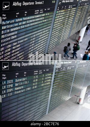 München, Deutschland. April 2020. Während die Anzeigetafel im Terminal 2 am Flughafen München am 12.04.2019, dem Beginn der Osterferien 2019, lautere Flüge (TOP) zeigt, listet die Anzeige am 03.04.2020, dem Beginn der Osterferien 2020, aufgrund der Coronakrise nur vier Inlandsflüge (Combo) auf. Kredit: Matthias Balk / Sina Schuldt / dpa / Alamy Live News Stockfoto