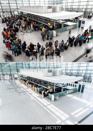 München, Deutschland. April 2020. Während die Gepäckausgabeschalter im Terminal 2 am Flughafen München am 12.04.2019, dem Beginn der Osterferien 2019 (oben), von einer Schlange von Menschen umgeben waren, wird die Halle wegen der Coronakrise (Combo) am 3.4.2020, dem Beginn der Osterferien 2020, fast verlassen sein. Kredit: Matthias Balk / Sina Schuldt / dpa / Alamy Live News Stockfoto