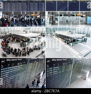 München, Deutschland. April 2020. Im Terminal 2 am Flughafen München herrscht am 12.04.2019 (links), dem Beginn der Osterferien 2019, reger Hektik, während am 03.04.2020, dem Beginn der Osterferien 2020, kaum Menschen in Bewegung sind (Combo). Kredit: Matthias Balk / Sina Schuldt / dpa / Alamy Live News Stockfoto