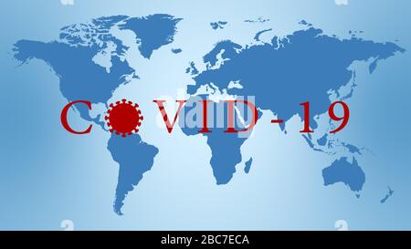 Blaue Karte Covid-19. Weltkarte, blaue Farbe, mit covid-19 Text und Virus Symbol, für Nachrichten und Content-Präsentation. Stockfoto