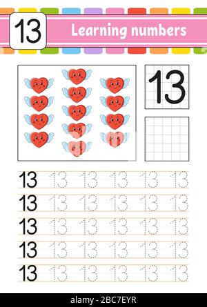 Nummer 13. Verfolgen und Schreiben. Handschrifterpraxis. Lernnummern für Kinder. Arbeitsblatt zur Entwicklung von Schulungen. Aktivitätsseite. Spiel für Kleinkinder. Isolieren Stock Vektor