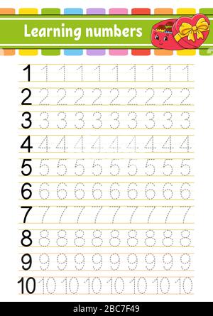 Nummer 1-10. Verfolgen und Schreiben. Handschrifterpraxis. Lernnummern für Kinder. Arbeitsblatt zur Entwicklung von Schulungen. Aktivitätsseite. Spiel für Kleinkinder. Isola Stock Vektor