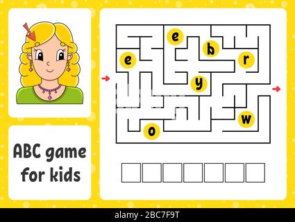 ABC-Labyrinth für Kinder. Antwort Ohr. Rechtecklabyrinth. Arbeitsblatt "Aktivität". Puzzle für Kinder. Cartoon-Stil. Logisches Rätsel. Farbvektor illustriert Stock Vektor