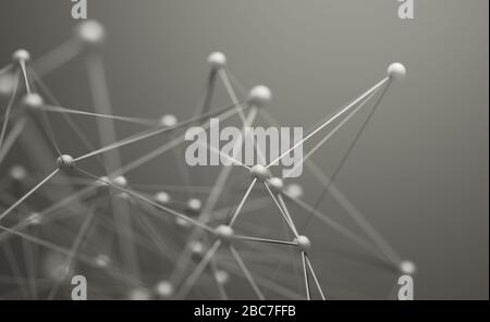 Abstraktes 3d-Rendering chaotischer Strukturen. Plexus Hintergrund mit Linien und Kugeln im leeren Raum. Futuristische Form. Netzwerkkonzept. Stockfoto