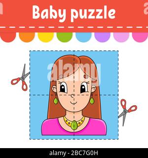 Puzzle für Babys. Einfaches Level. Flash-Karten. Schnitt und Spiel. Arbeitsblatt zur Farbaktivität. Spiel für Kinder. Cartoon-Charakter. Stock Vektor