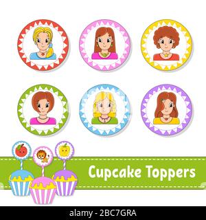 Cupcake Toppers. Set mit sechs runden Bildern. Schöne Mädchen mit Lächeln. Zeichentrickfiguren. Niedliches Bild. Für Vogeltag, Party, Babydusche. Stock Vektor