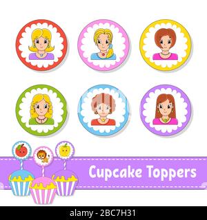 Cupcake Toppers. Set mit sechs runden Bildern. Schöne Mädchen mit Lächeln. Zeichentrickfiguren. Niedliches Bild. Für Vogeltag, Party, Babydusche. Stock Vektor