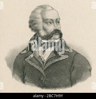 Antike Gravur, Adam Philippe, Comte de Custine. Adam Philippe, Comte de Custine (170-1793) war ein französischer General. Als junger Offizier in der Bourbon Royal Army diente er im Siebenjährigen Krieg. Im amerikanischen Unabhängigkeitskrieg schloss er sich Rochambeaus Expédition particulière (Special Expedition) an, die die amerikanischen Kolonisten unterstützte. QUELLE: ORIGINALGRAVUR Stockfoto