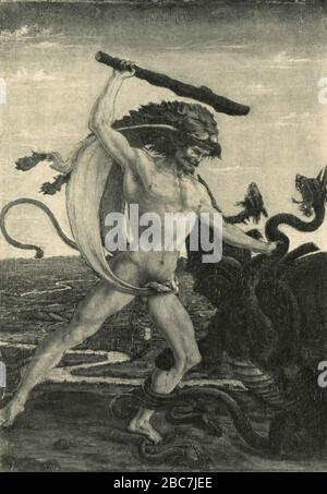 Hercules Killing the Hydra, Gemälde des italienischen Künstlers Antonio Del Pollaiolo, Uffizien, Florenz, Italien 1920er Jahre Stockfoto