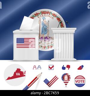 Präsidentschaftswahlen in Virginia. Vektor schwenkt Flagge, realistische Wahlurne, Podium des öffentlichen Sprechers, Silhouettenkarte und Wahlsymbol Set. Stock Vektor