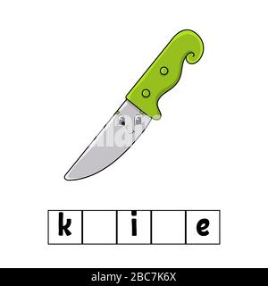 Puzzle mit Wörtern. Messer. Arbeitsblatt zur Entwicklung von Schulungen. Lernspiel für Kinder. Seite "Farbaktivität". Puzzle für Kinder. Englisch für Vorschule. Vektor i. Stock Vektor